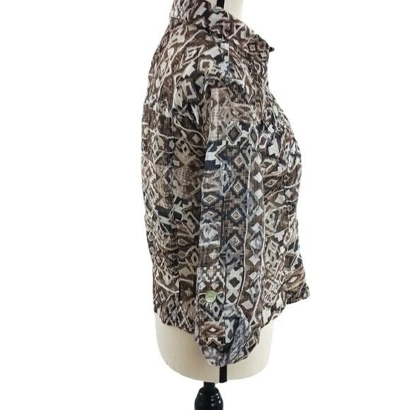 Ruby Rd. Blouse Geometric Linen Blend Semi Sheer Button Down Size 8 Petite - Picture 4 of 6